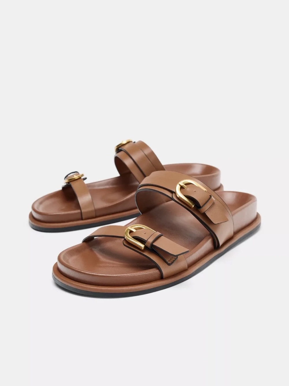 Zara Tan Leather Double-Buckle Slide Sandals with Gold Hardware